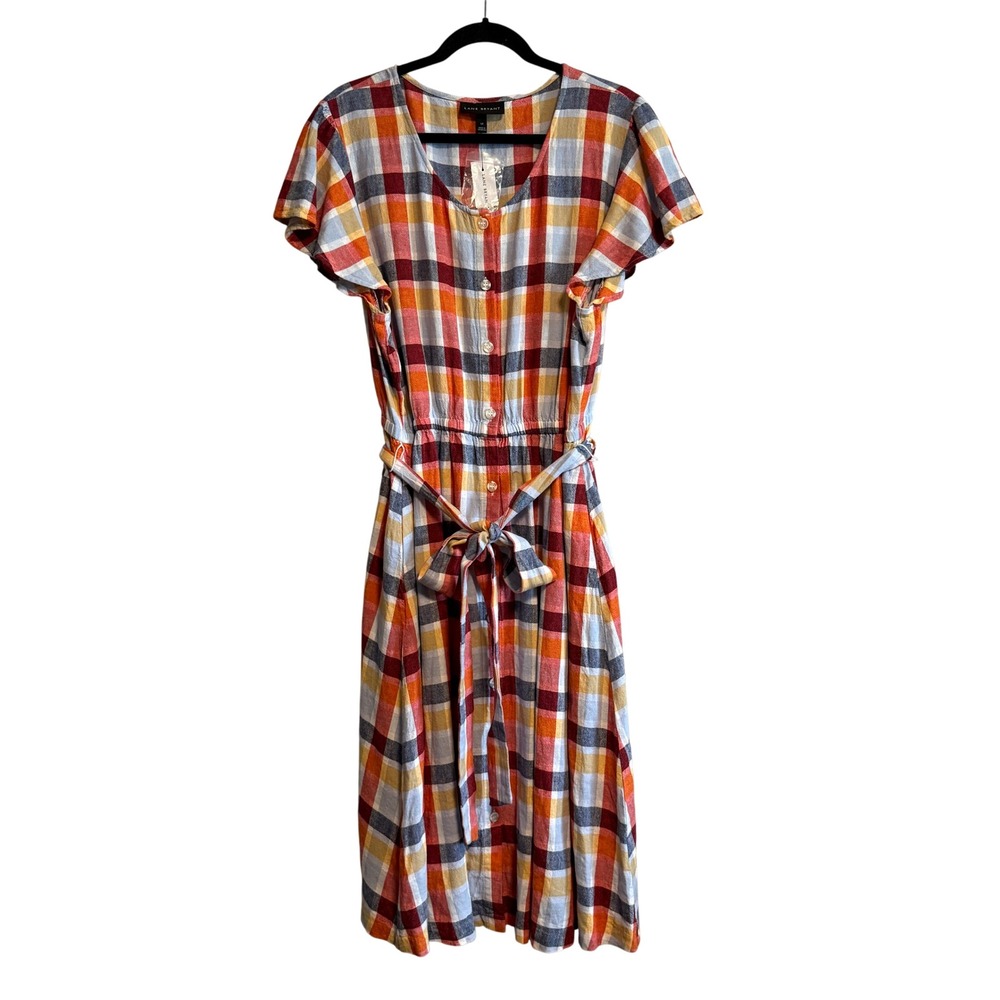 Lane Bryant Plaid Linen Blend Midi Dress Tie Waist Button Front NWT Size 18 - Picture 3 of 14